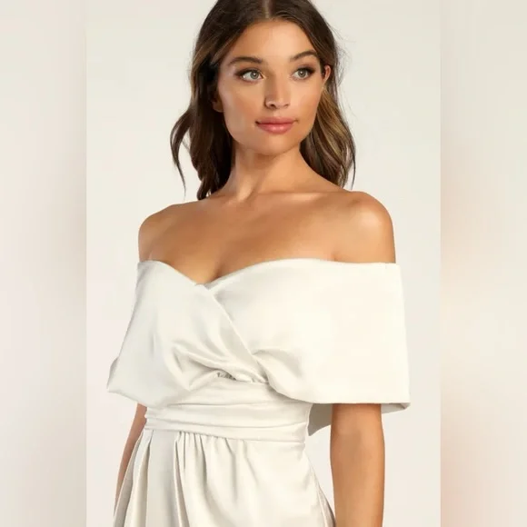 Lulus Always Celebrating Ivory Satin Off-the-Shoulder Midi Dress - M - Picture 3 of 6